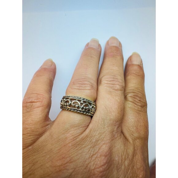 Estate Sterling Silver 925 Filigree Scroll Wide Band Ring Size 8 Vintage Style - Picture 5 of 9